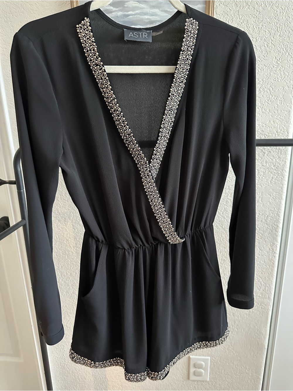 ASTR Black Embellished V-Neck Long Sleeve Romper